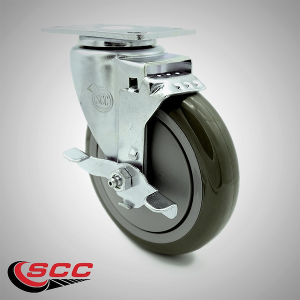 5 Inch SS Gray Polyurethane Swivel Top Plate Caster with Brake